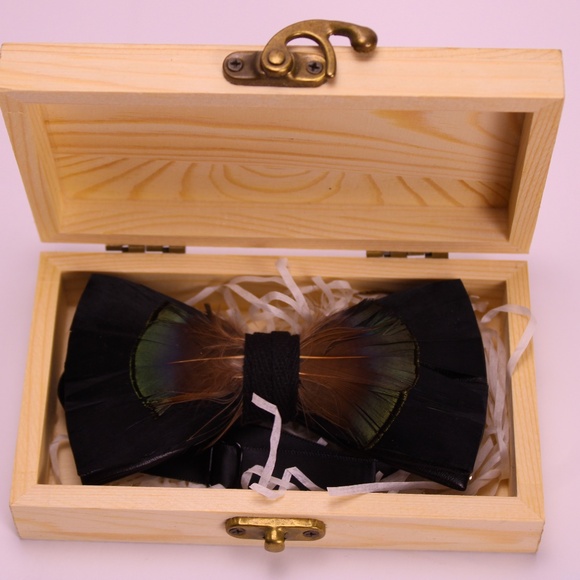 Luxury Bowtie Collection Other - 🖤 Luxury Feather Bow Tie + Lapel Pin Set (Black, Iridescent Brown) – With Box